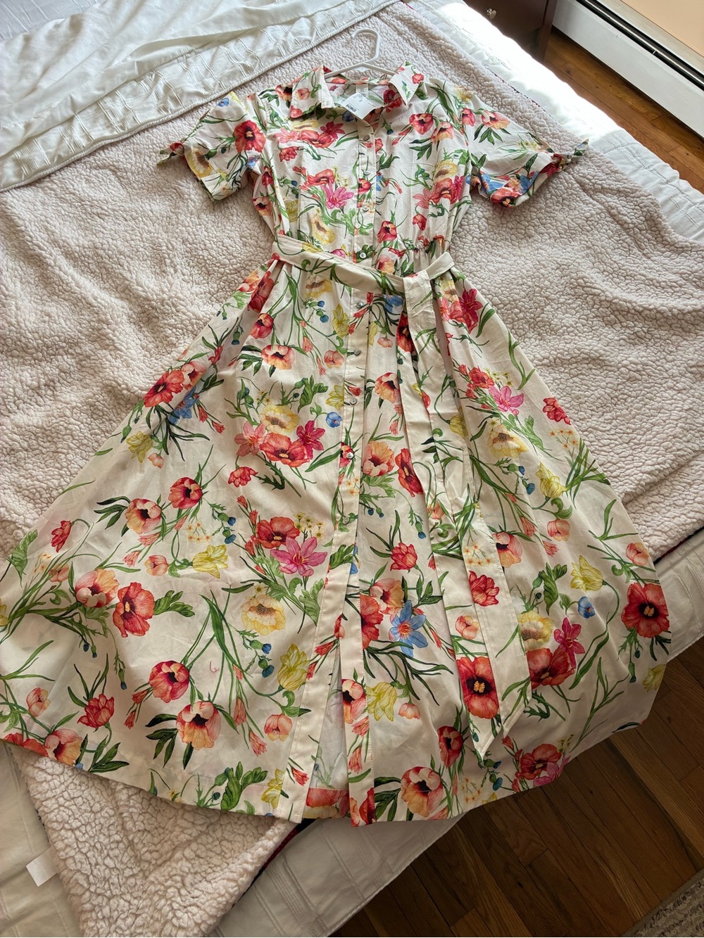 H&M 100% cotton Cream Floral Button-Front Midi Dress with Tie Waist